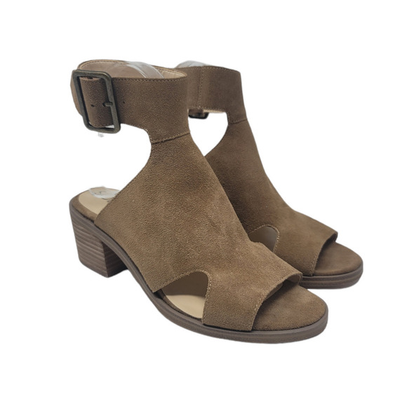 Sole Society Tally Sandal Size 6.5M Round Open Toe Block Heel Honey Suede Upper - Picture 1 of 8